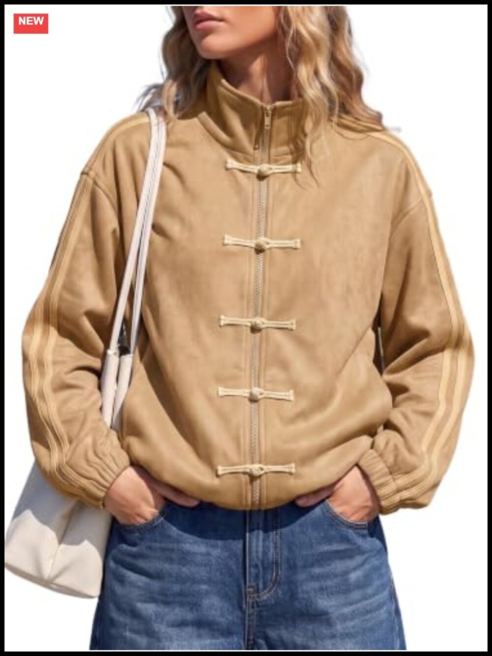 Faux Suede Zip Up Funnel Neck Bomber Jacket Frog Button